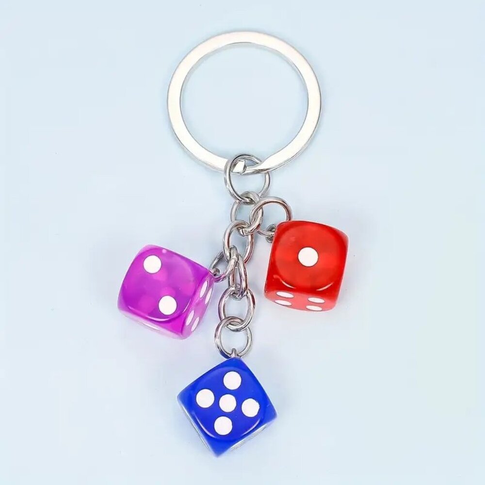 Red, Blue, Purple Lucky Dice Keychain with 3 Dice Charms Fun Novelty Gift
